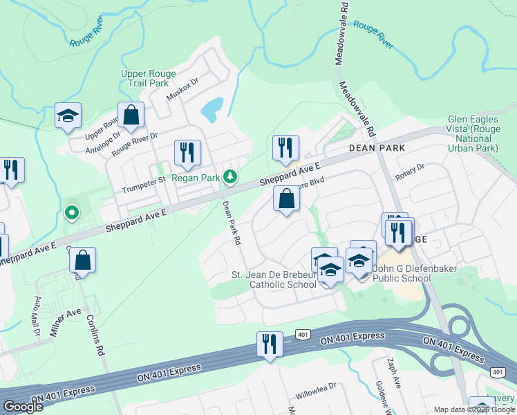 map of restaurants, bars, coffee shops, grocery stores, and more near 92 Braymore Boulevard in Toronto
