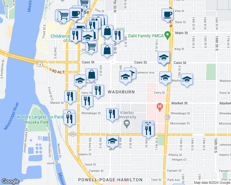 map of restaurants, bars, coffee shops, grocery stores, and more near in La Crosse