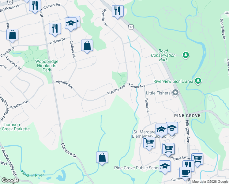 map of restaurants, bars, coffee shops, grocery stores, and more near 265 Wycliffe Avenue in Vaughan