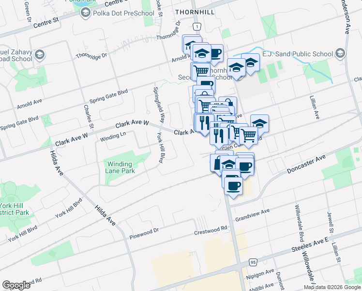 map of restaurants, bars, coffee shops, grocery stores, and more near 26 Joanna Crescent in Vaughan