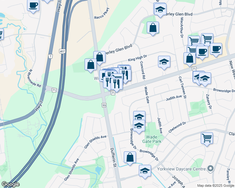 map of restaurants, bars, coffee shops, grocery stores, and more near in Vaughan