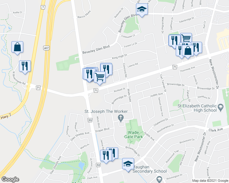 map of restaurants, bars, coffee shops, grocery stores, and more near Richbell Street in Vaughan