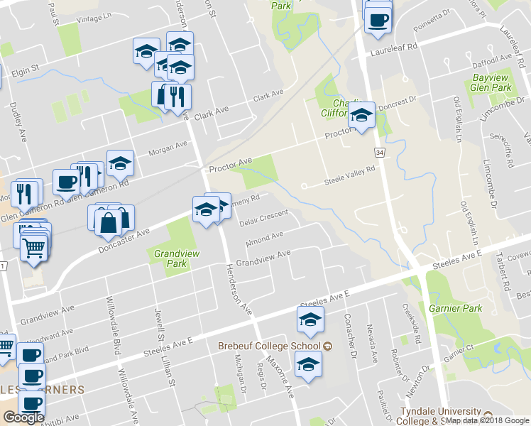 map of restaurants, bars, coffee shops, grocery stores, and more near 32 Delair Crescent in Markham