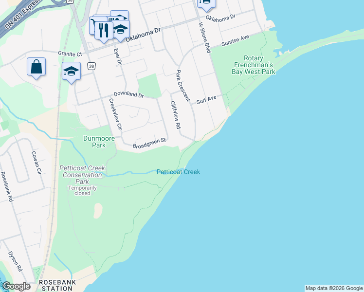 map of restaurants, bars, coffee shops, grocery stores, and more near 504 Park Crescent in Pickering