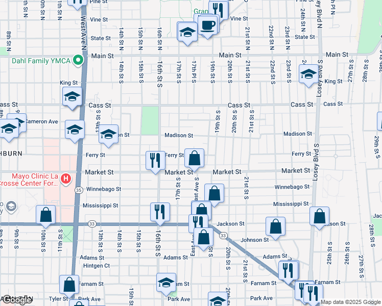 map of restaurants, bars, coffee shops, grocery stores, and more near 532 17th Place South in La Crosse