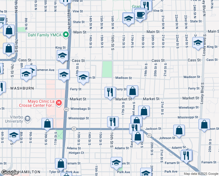 map of restaurants, bars, coffee shops, grocery stores, and more near 530 16th Street South in La Crosse