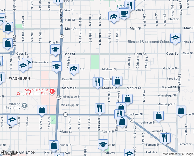 map of restaurants, bars, coffee shops, grocery stores, and more near 530 16th Street South in La Crosse