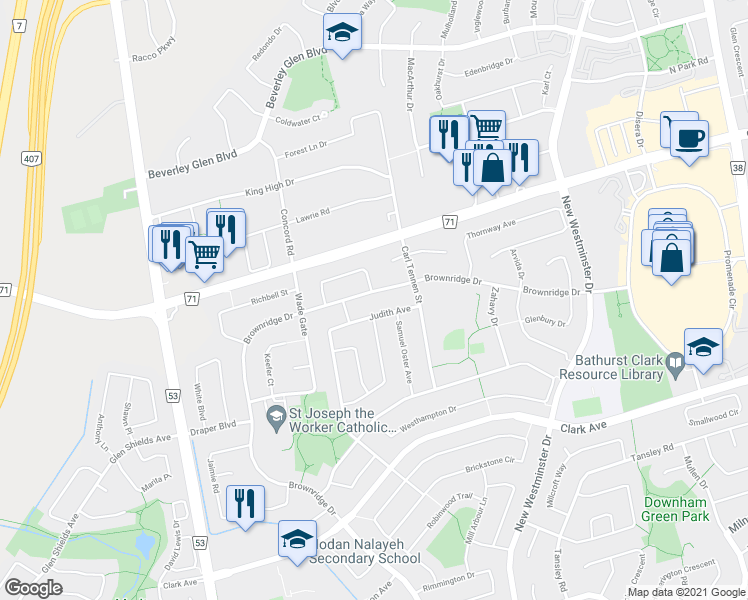map of restaurants, bars, coffee shops, grocery stores, and more near 181 Brownridge Drive in Vaughan