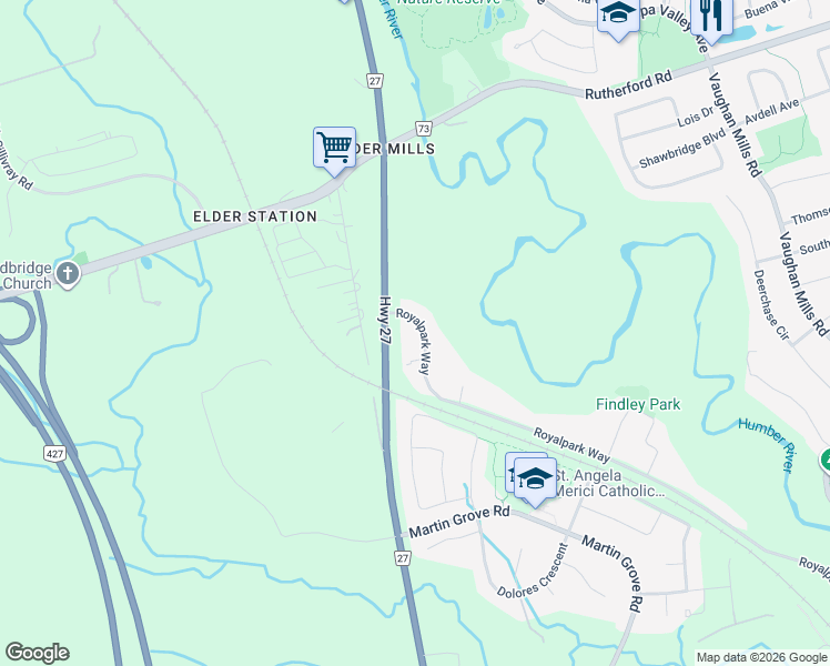 map of restaurants, bars, coffee shops, grocery stores, and more near 33 Royalpark Way in Vaughan