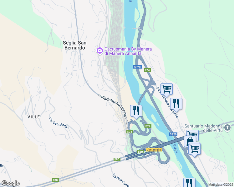 map of restaurants, bars, coffee shops, grocery stores, and more near 116 Via Gallardi in Ventimiglia