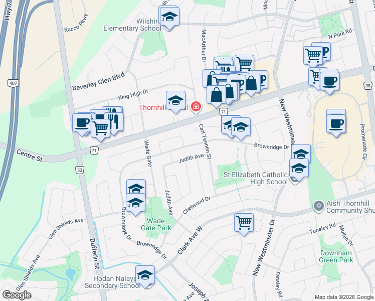 map of restaurants, bars, coffee shops, grocery stores, and more near 177 Brownridge Drive in Vaughan