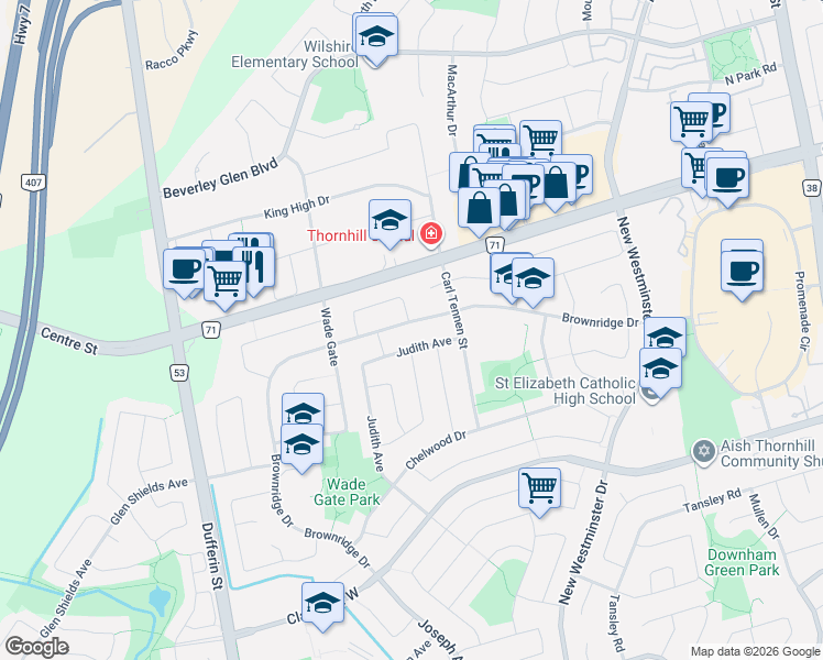 map of restaurants, bars, coffee shops, grocery stores, and more near 181 Brownridge Drive in Vaughan