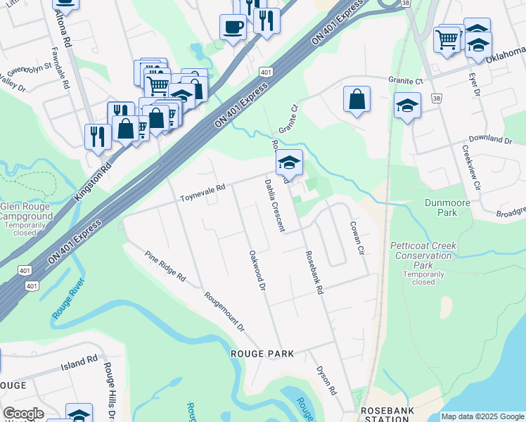 map of restaurants, bars, coffee shops, grocery stores, and more near 541 McLeod Crescent in Pickering