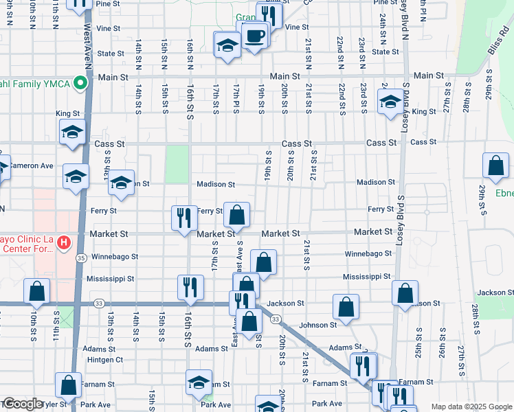 map of restaurants, bars, coffee shops, grocery stores, and more near 430 18th Place South in La Crosse
