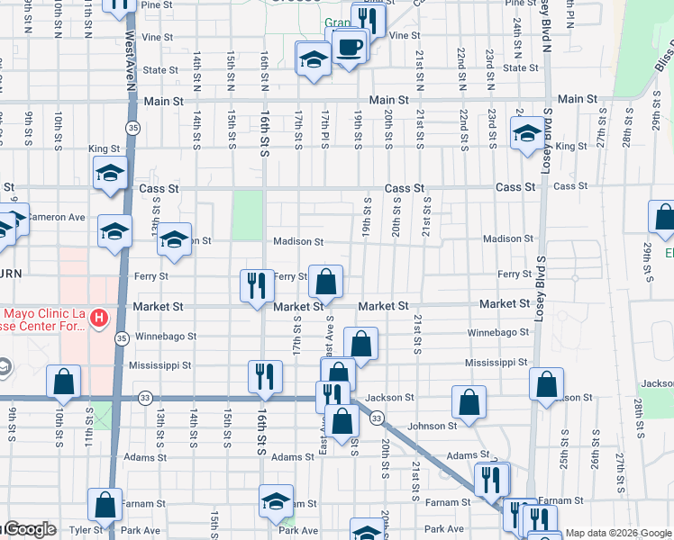 map of restaurants, bars, coffee shops, grocery stores, and more near 1803 Ferry Street in La Crosse