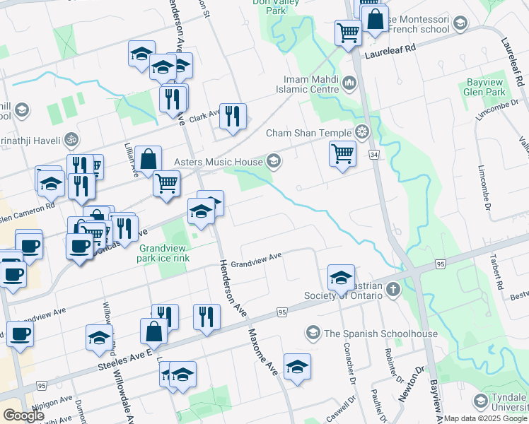 map of restaurants, bars, coffee shops, grocery stores, and more near 32 Delair Crescent in Markham