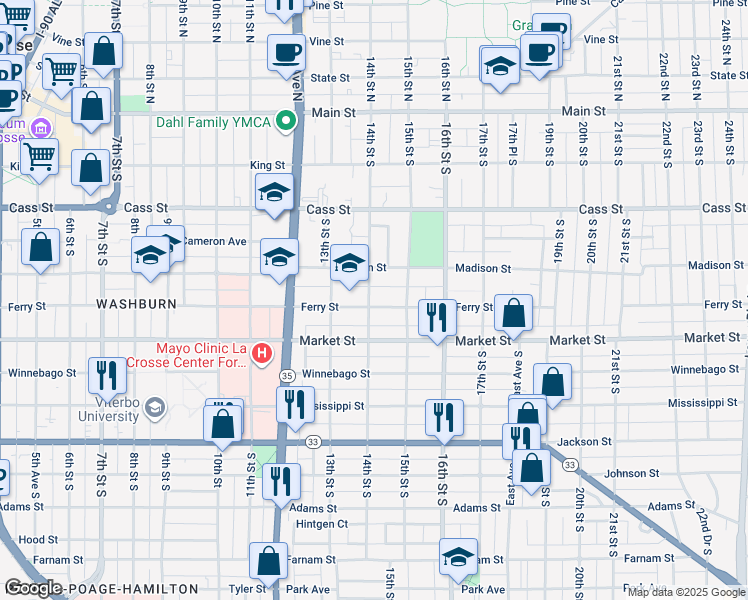 map of restaurants, bars, coffee shops, grocery stores, and more near 521 14th Street South in La Crosse