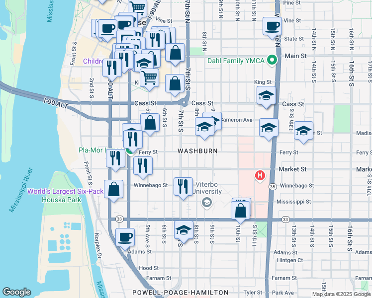 map of restaurants, bars, coffee shops, grocery stores, and more near in La Crosse
