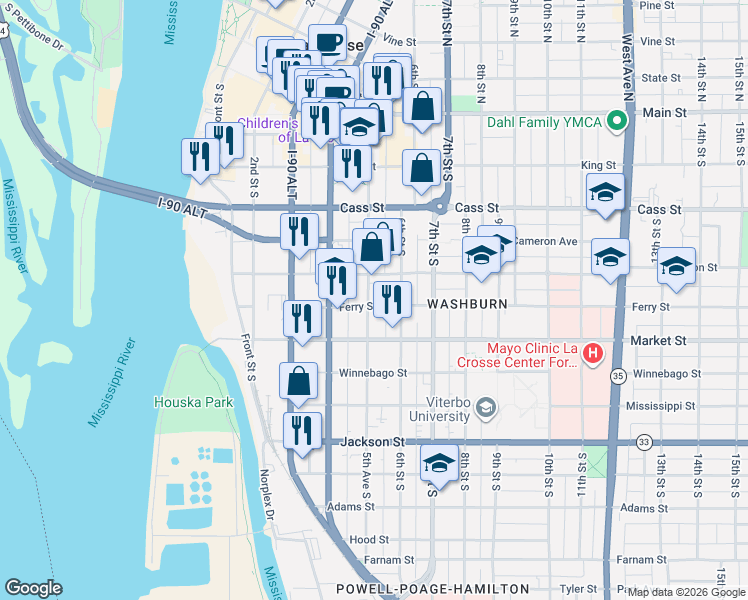 map of restaurants, bars, coffee shops, grocery stores, and more near 521 Ferry Street in La Crosse