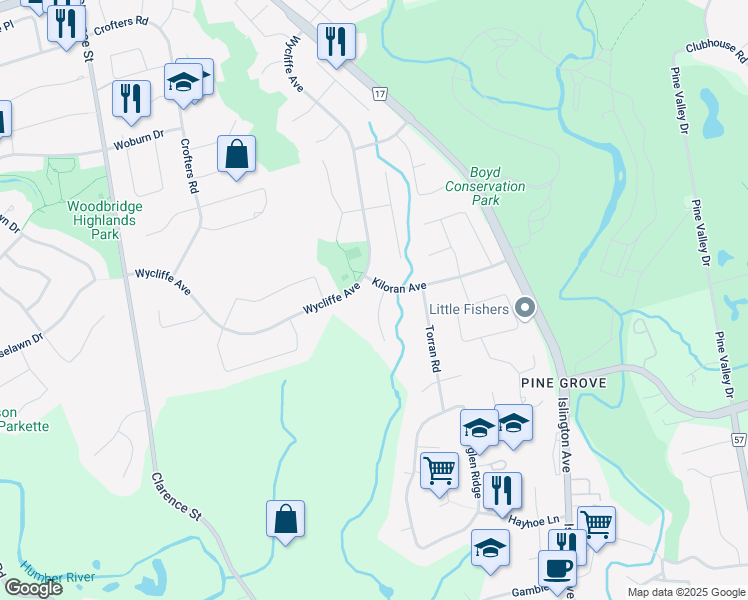 map of restaurants, bars, coffee shops, grocery stores, and more near 14 Pennycross Court in Vaughan
