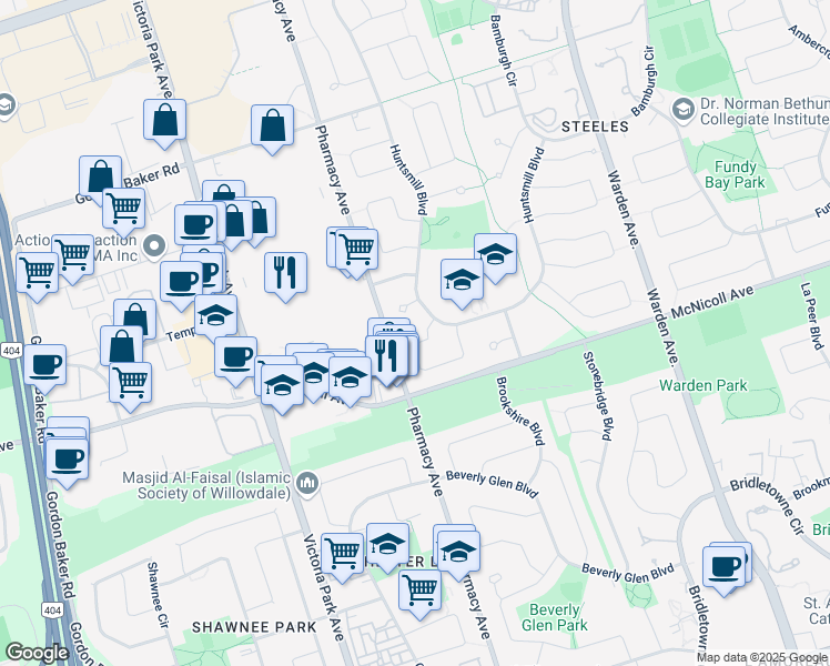 map of restaurants, bars, coffee shops, grocery stores, and more near in Toronto