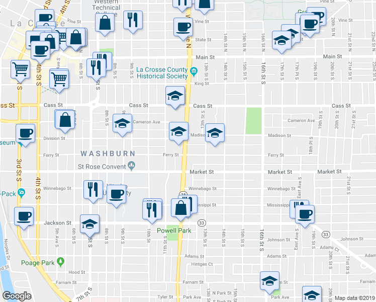 map of restaurants, bars, coffee shops, grocery stores, and more near 535 West Avenue South in La Crosse