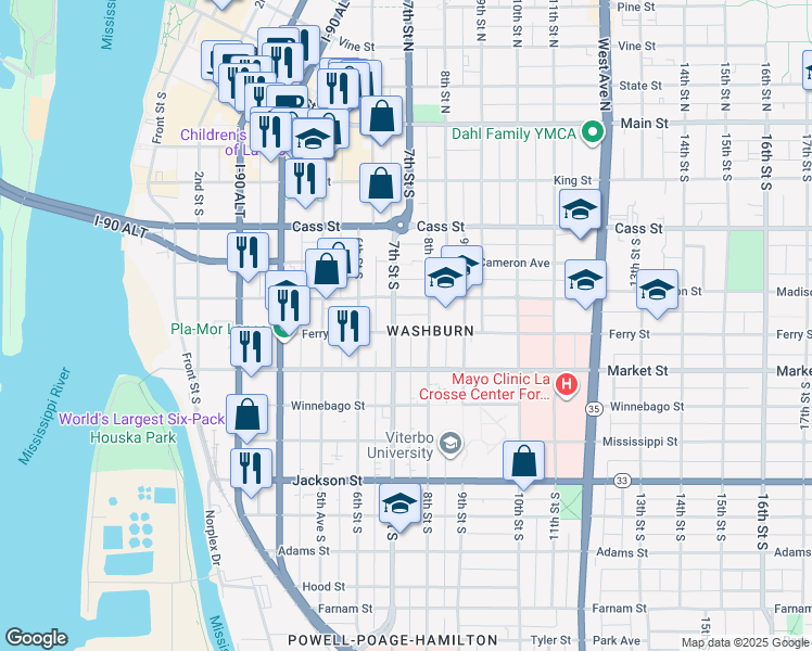 map of restaurants, bars, coffee shops, grocery stores, and more near in La Crosse