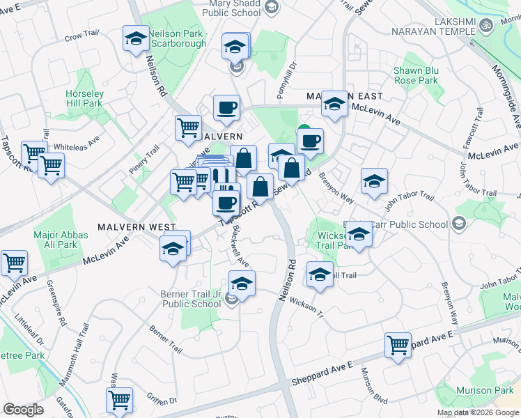 map of restaurants, bars, coffee shops, grocery stores, and more near 10 Tapscott Road in Toronto