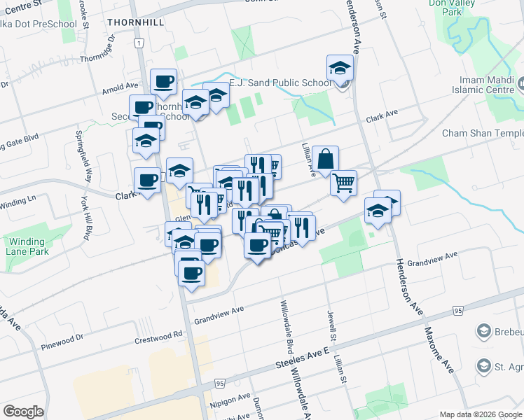 map of restaurants, bars, coffee shops, grocery stores, and more near 57 Glen Cameron Road in Markham