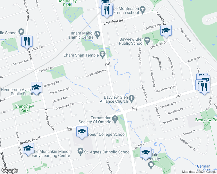 map of restaurants, bars, coffee shops, grocery stores, and more near 1 Whitelaw Court in Markham
