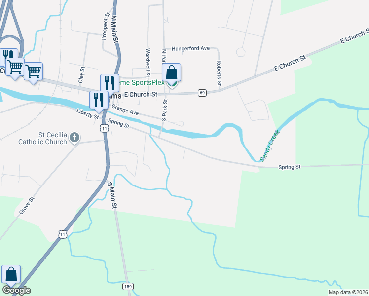 map of restaurants, bars, coffee shops, grocery stores, and more near 66 Spring Street in Adams