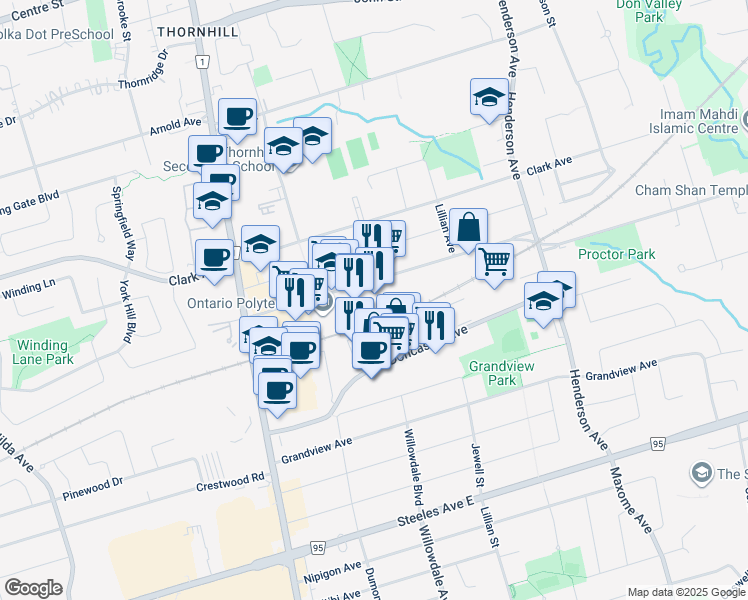 map of restaurants, bars, coffee shops, grocery stores, and more near 57 Glen Cameron Road in Markham
