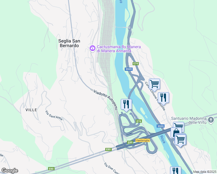 map of restaurants, bars, coffee shops, grocery stores, and more near 116 Via Gallardi in Ventimiglia