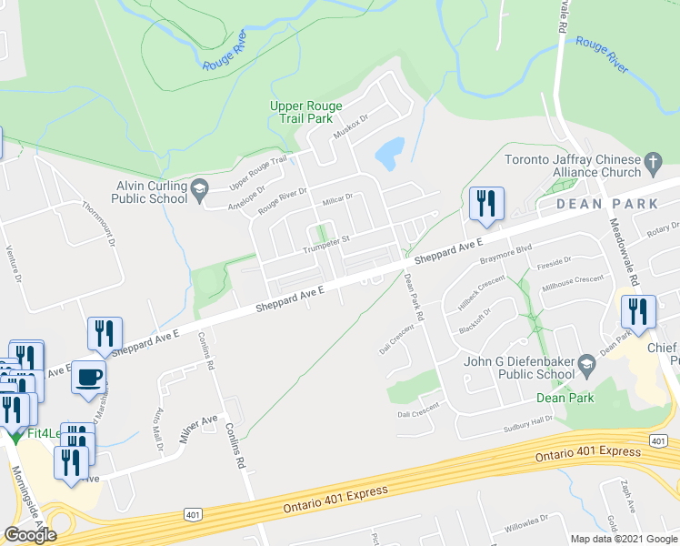 map of restaurants, bars, coffee shops, grocery stores, and more near 5 Ecopark Gate in Toronto