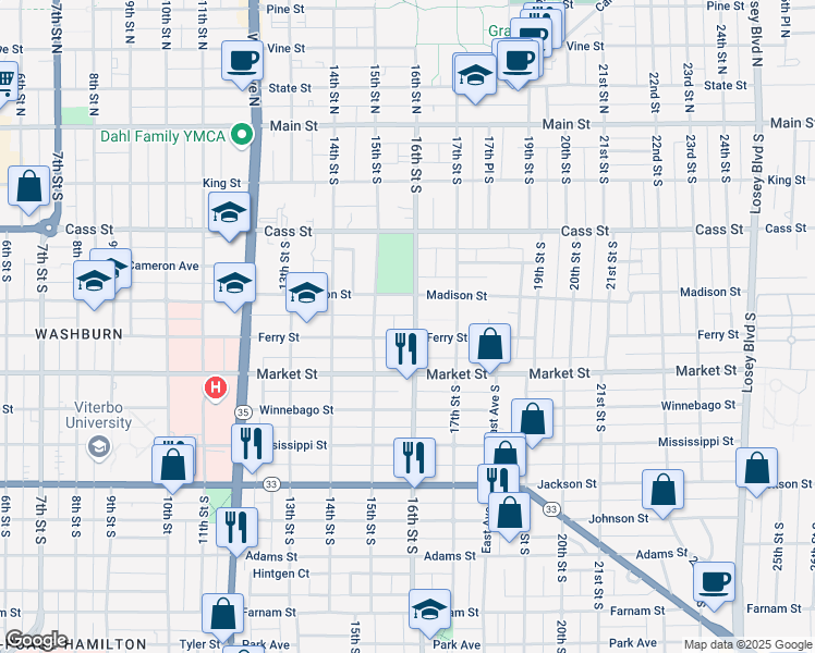 map of restaurants, bars, coffee shops, grocery stores, and more near 530 16th Street South in La Crosse