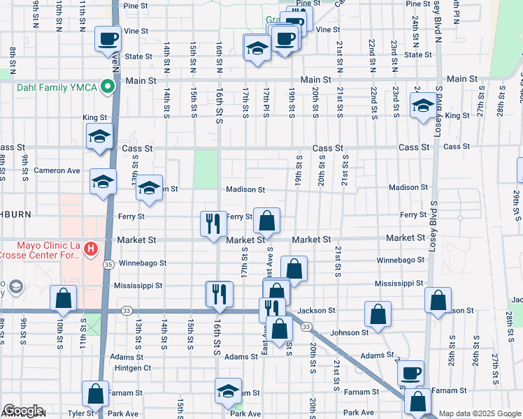 map of restaurants, bars, coffee shops, grocery stores, and more near 532 17th Pl S in La Crosse