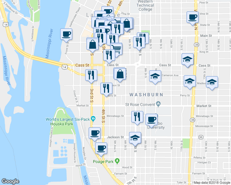 map of restaurants, bars, coffee shops, grocery stores, and more near 623 5th Avenue South in La Crosse