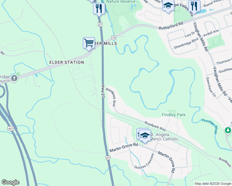 map of restaurants, bars, coffee shops, grocery stores, and more near 33 Royalpark Way in Vaughan