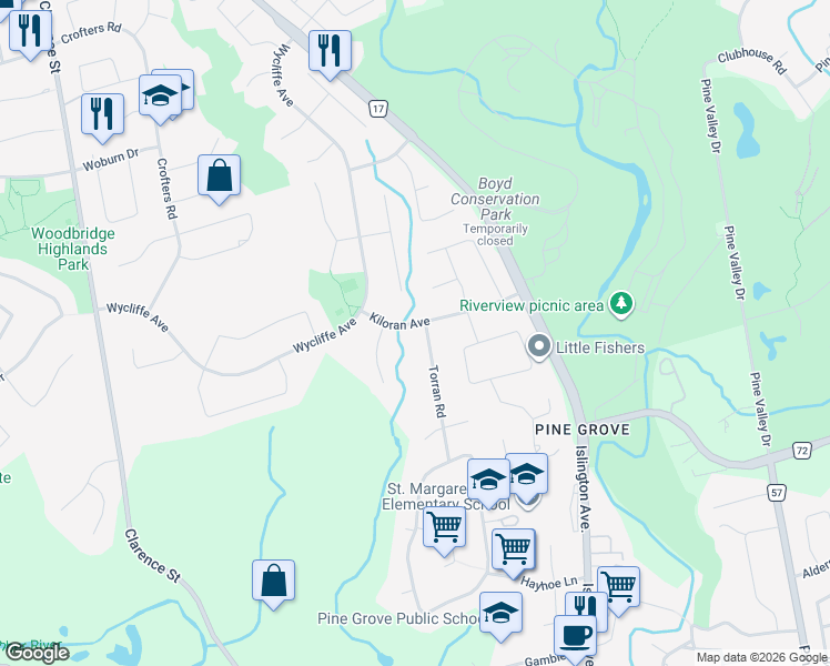 map of restaurants, bars, coffee shops, grocery stores, and more near 119 Kiloran Avenue in Vaughan