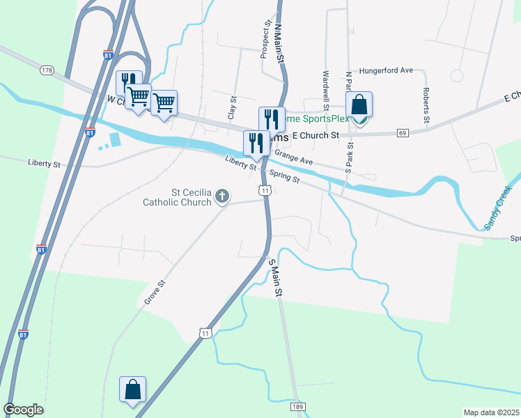 map of restaurants, bars, coffee shops, grocery stores, and more near 19 Main Street in Adams