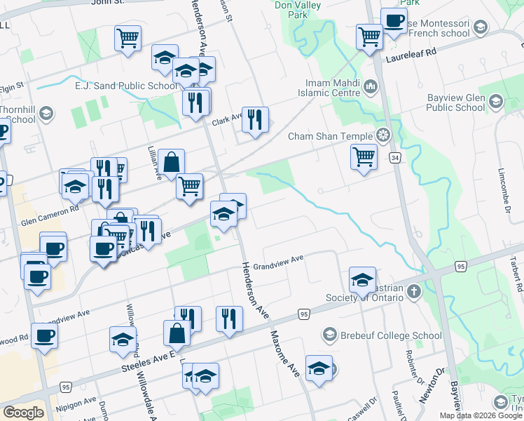 map of restaurants, bars, coffee shops, grocery stores, and more near 17 Dalmeny Road in Markham
