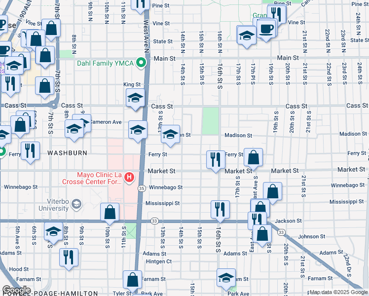 map of restaurants, bars, coffee shops, grocery stores, and more near 521 14th Street South in La Crosse