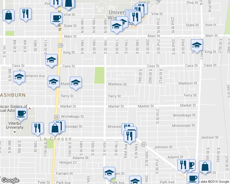 map of restaurants, bars, coffee shops, grocery stores, and more near 524 17th St S in La Crosse