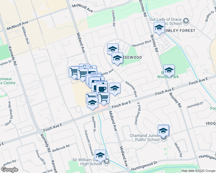 map of restaurants, bars, coffee shops, grocery stores, and more near 104 Dunmail Drive in Toronto