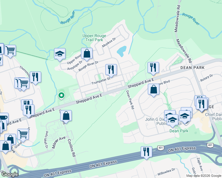 map of restaurants, bars, coffee shops, grocery stores, and more near 8860 Sheppard Avenue East in Toronto