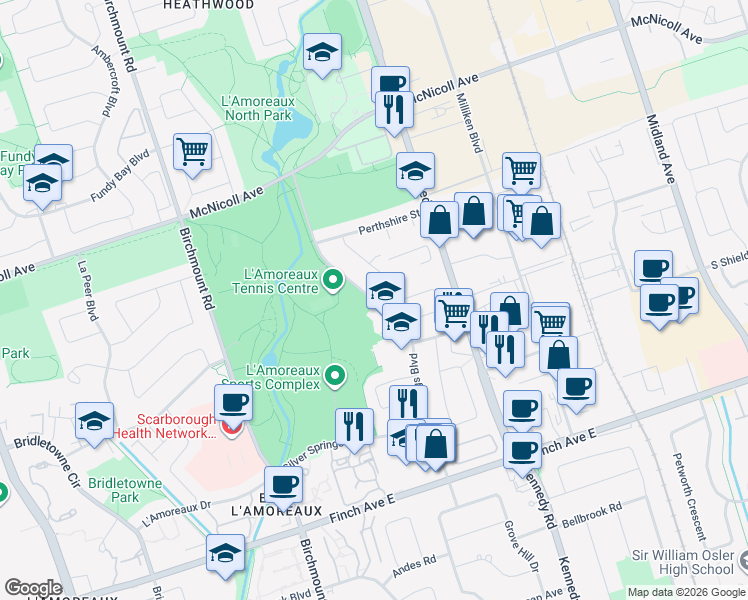map of restaurants, bars, coffee shops, grocery stores, and more near Silver Springs Boulevard in Toronto