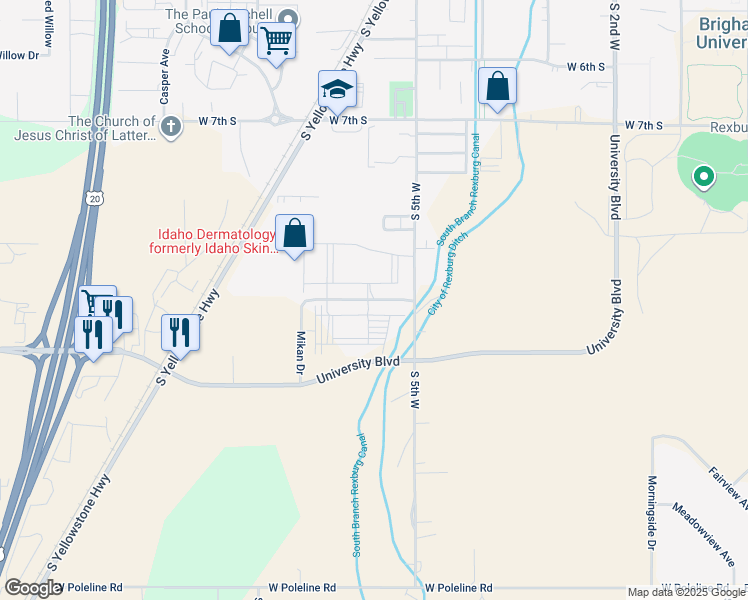 map of restaurants, bars, coffee shops, grocery stores, and more near 940 South 5th West in Rexburg