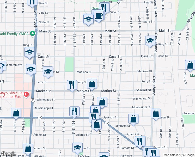 map of restaurants, bars, coffee shops, grocery stores, and more near 430 18th Place South in La Crosse