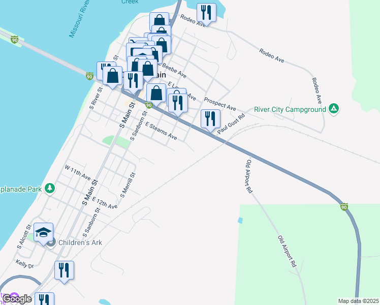 map of restaurants, bars, coffee shops, grocery stores, and more near 414 East Stearns Avenue in Chamberlain