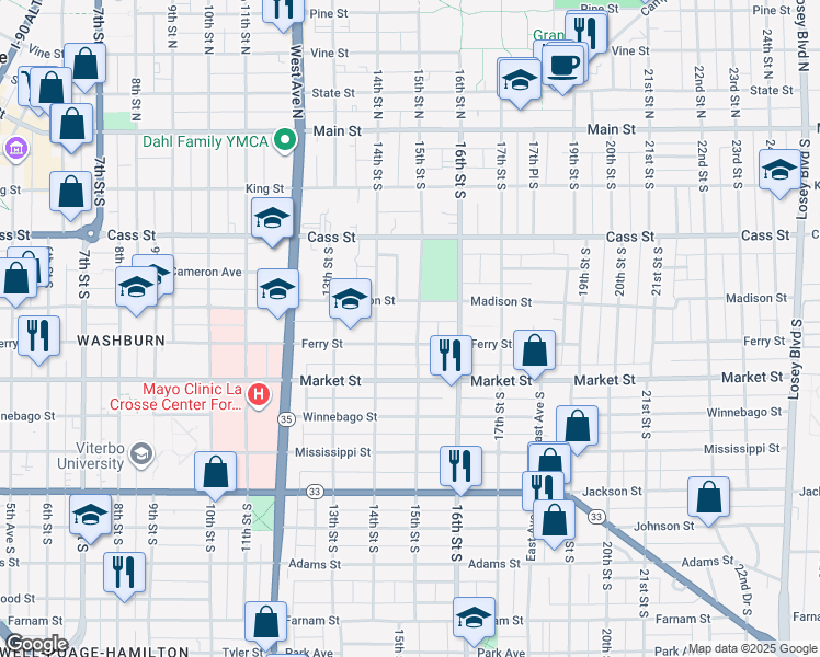 map of restaurants, bars, coffee shops, grocery stores, and more near 520 15th Street South in La Crosse